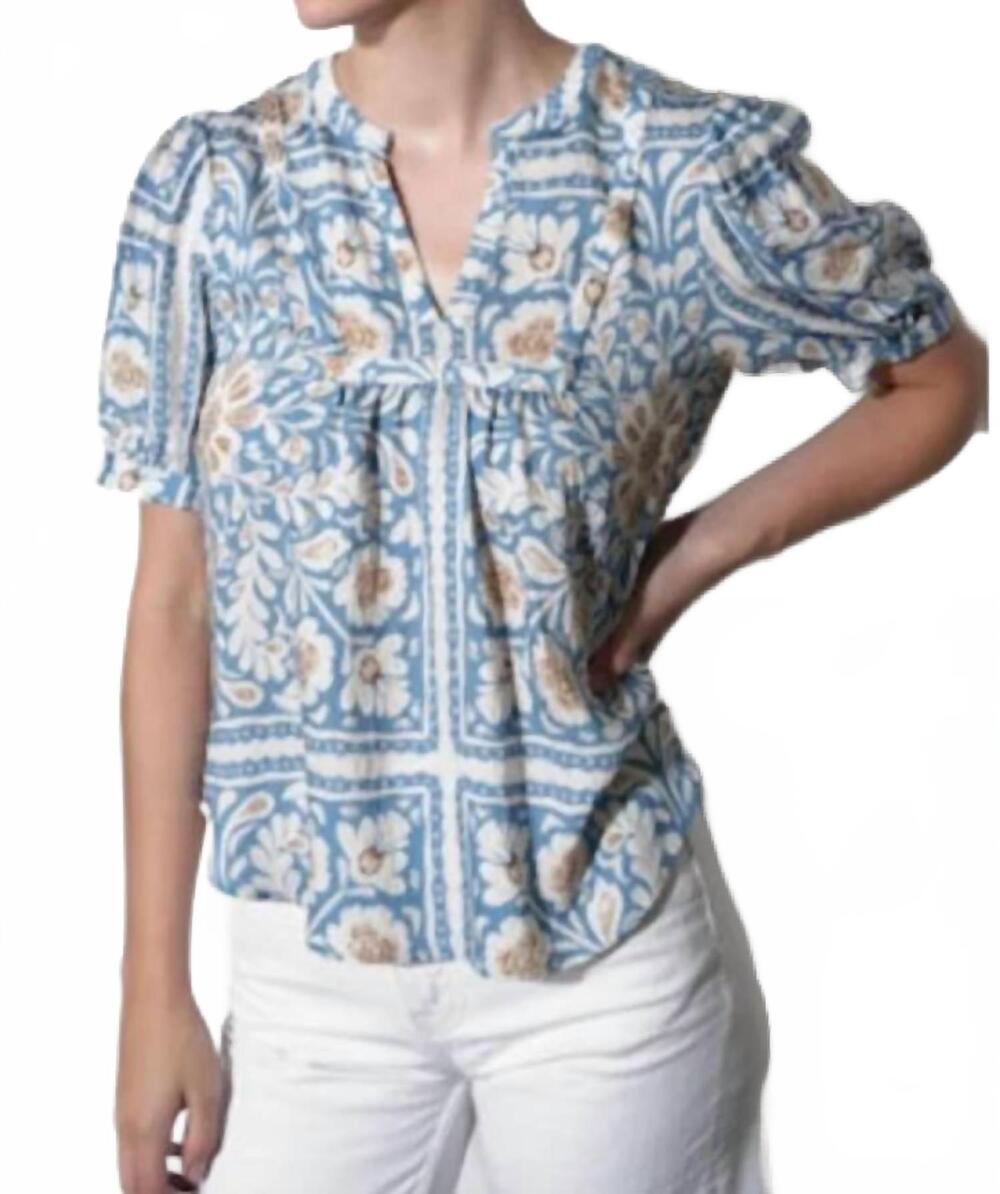 NEW GREYLIN charlotte split neck elbow sleeve top in blue